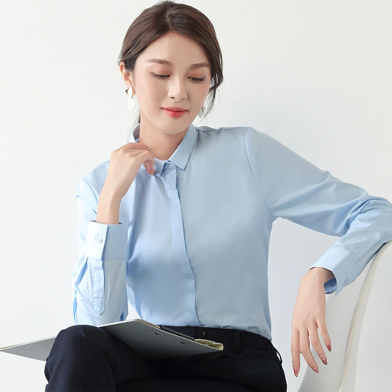 职业白衬衫女长袖2021年新款气质正装工作服百搭工装蓝衬衣女高棉