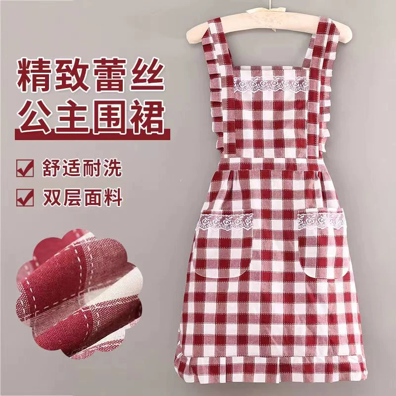 成人双层防水防油围裙韩版厨房做饭耐脏围腰韩版女时尚棉格工作服