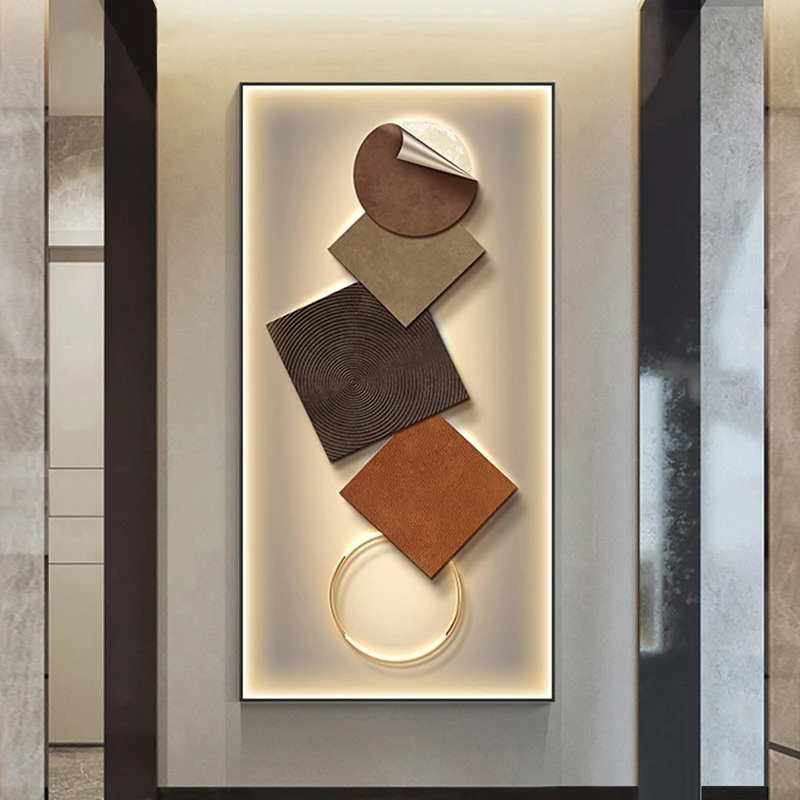 山水画三联现代简约感玄关装饰画轻奢几何LED灯画走廊挂画壁画