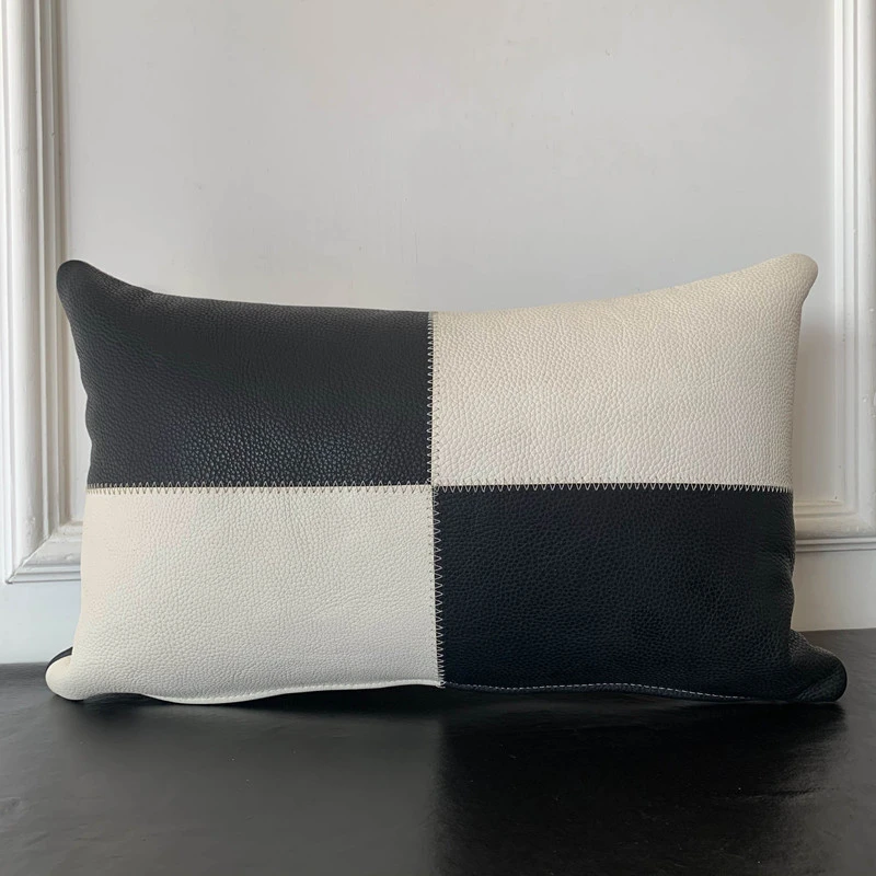 高档双面头层牛皮沙发靠垫客厅真皮腰垫方枕奢华美式简约拼色皮套