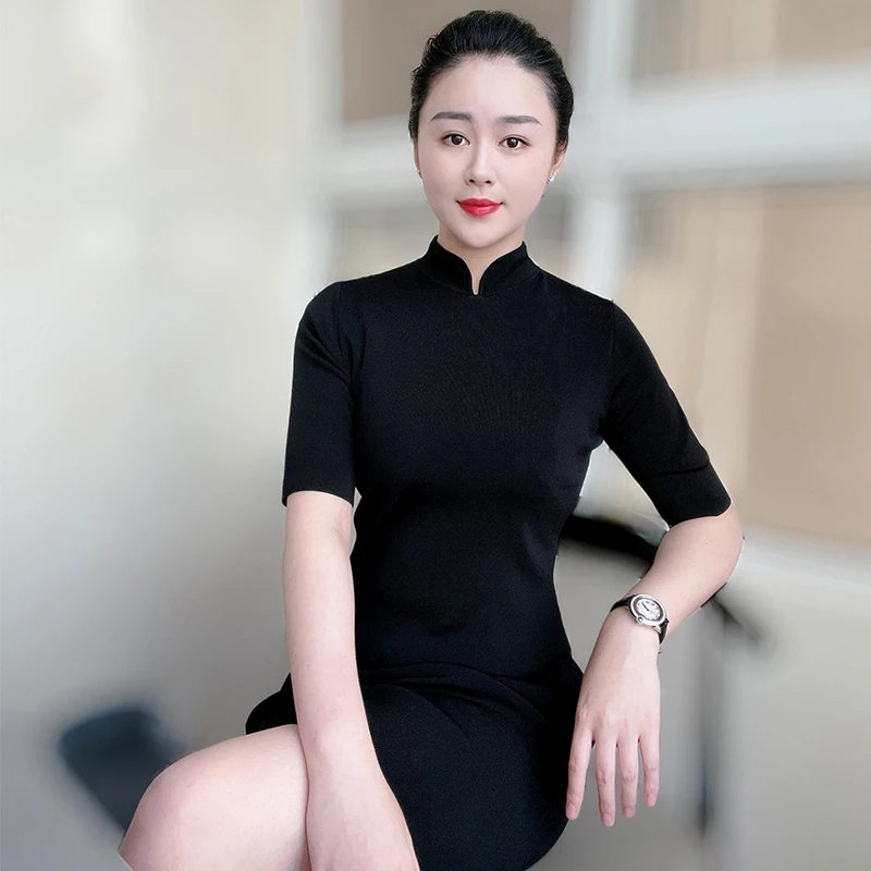 孟孟 旗袍领小立领针织衫连衣裙夏长款针织衫五分袖一步裙修身女