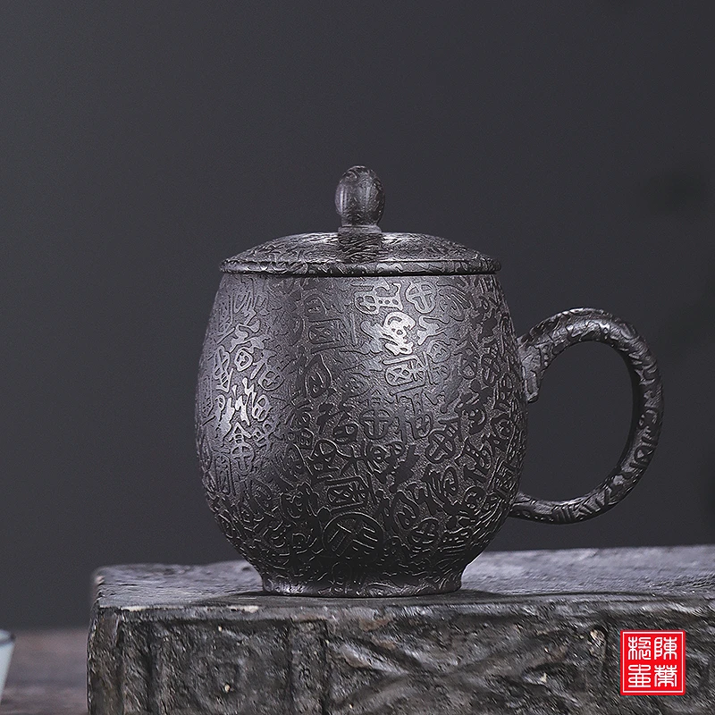 宜兴紫砂杯满刻百福大容量带盖刻绘石黄泡茶杯喝水男士办公室茶具