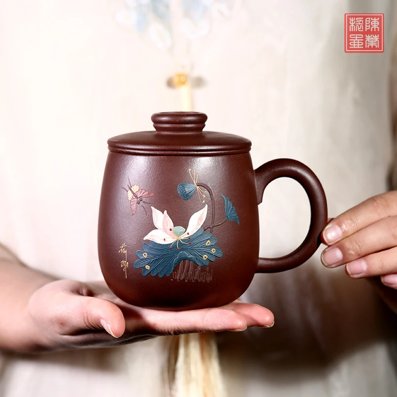 宜兴茶水分离带盖泥绘紫砂杯内胆隔舱紫泥男士三件套泡茶喝水茶杯