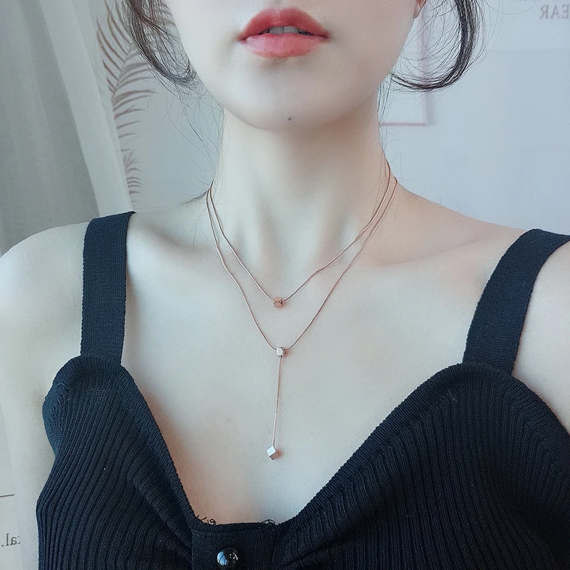 钛钢项链 双层方块好货女款不掉色新款网红百搭简约锁骨链轻奢ins