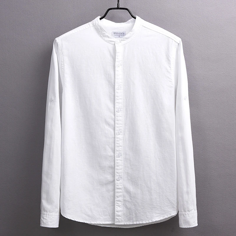 6003国风中山长袖圆领亚麻衬衫大码棉麻料立领白衬衣基础男装上衣