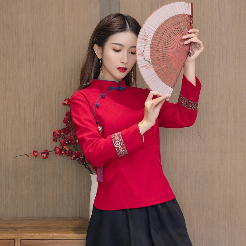 春秋款中国风女装旗袍上衣改良长袖中式唐装复古茶人服采耳师服装