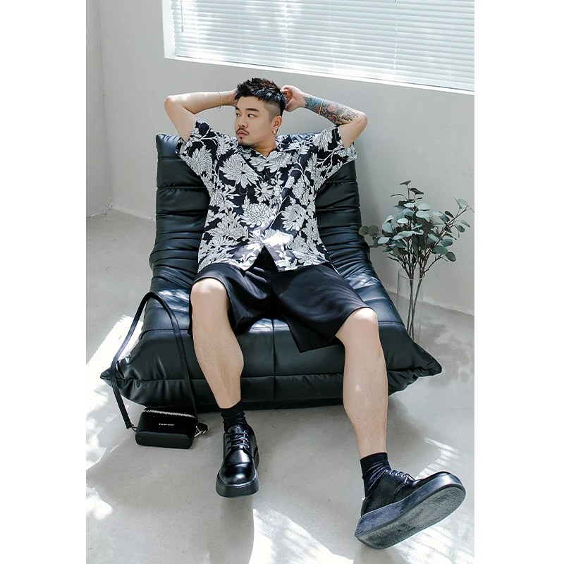 韦恩泽维尔大码花衬衫男加肥加大夏季短袖薄款轻商务衬衣胖潮7689