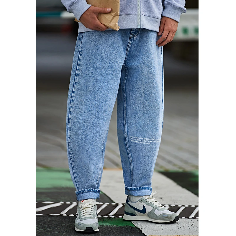 韦恩泽维尔加肥加大宽松大码字母印花灯笼裤气球裤牛仔长裤男7229