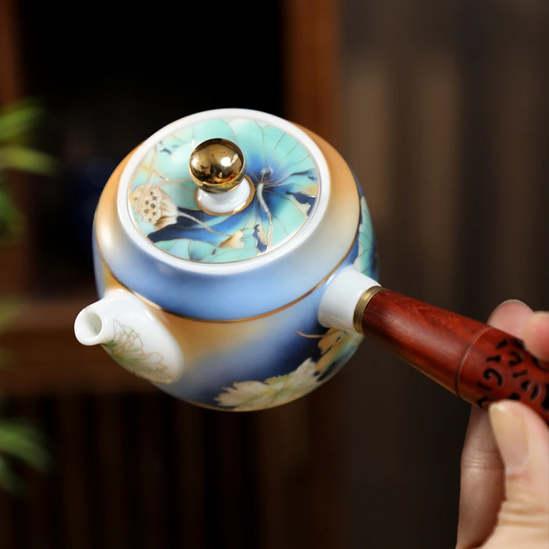 成艺 荷悦 镂空手柄侧把壶 描金工艺轻奢格调功夫茶具荷花壶承