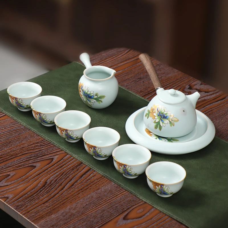 成艺 天青福缘茶承9入 功夫茶具汝窑描金趴花 开片可养套装