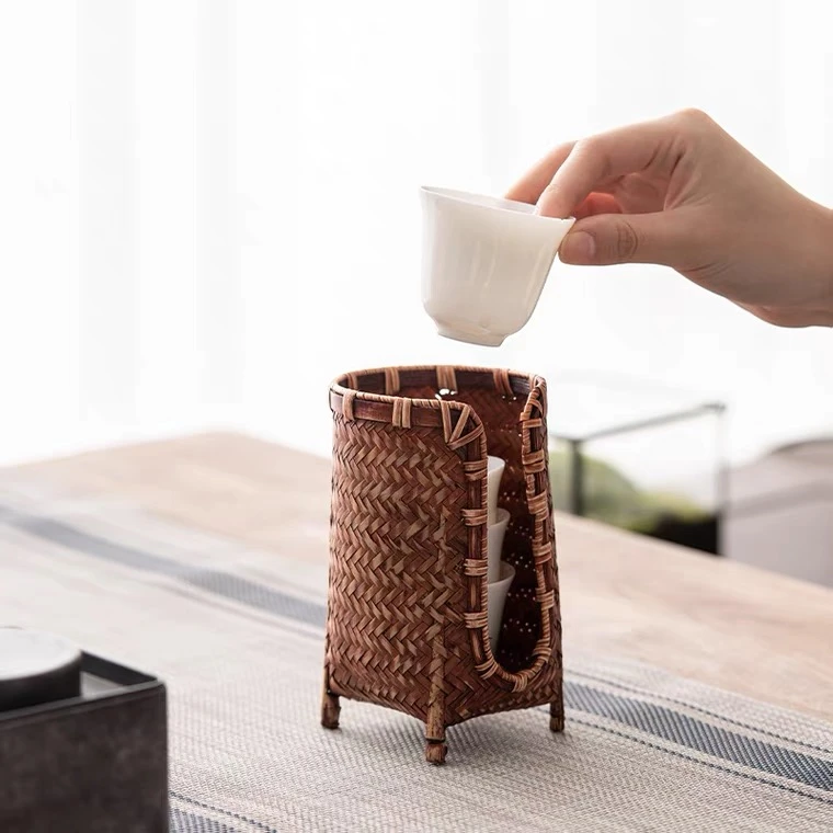日式杯架杯篓手工收纳篓竹编茶杯篓品茗杯收纳盒家用功夫茶具配件
