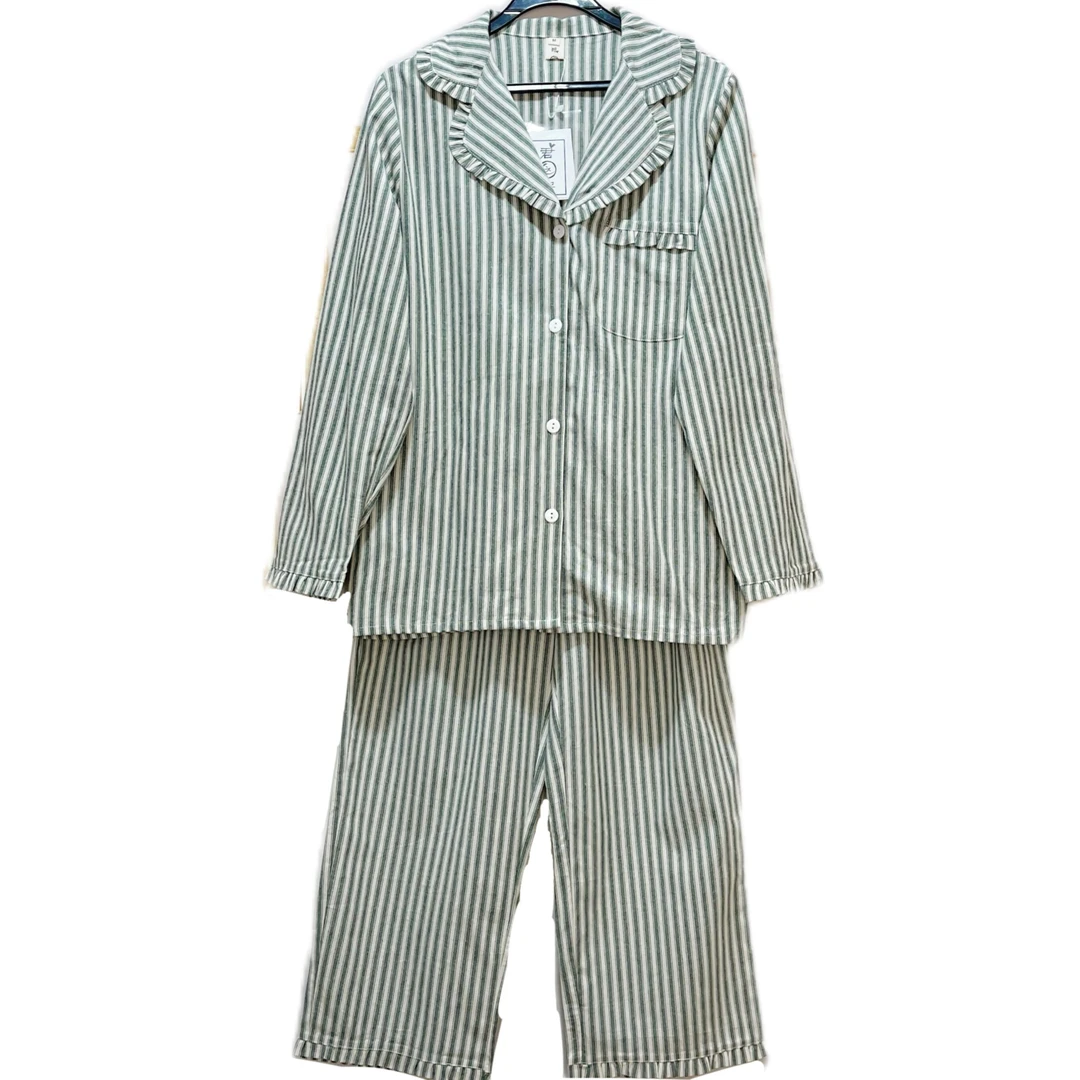 2022秋新品韩版棉麻条纹纯棉可爱荷叶领边家居服睡衣三件套女