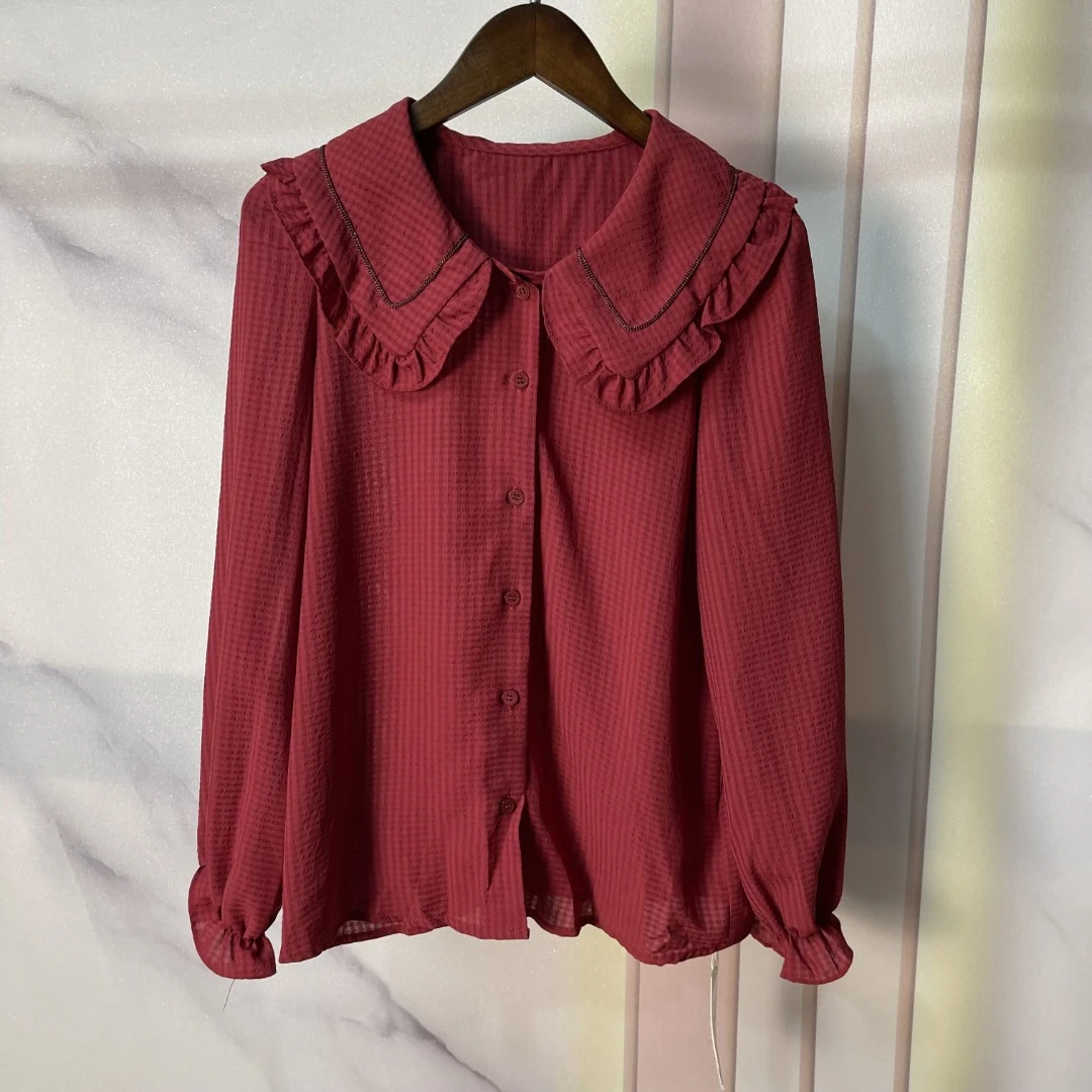 木耳边春秋小翻领喇叭袖酒红色法式别致雪纺衬衫女新年上衣