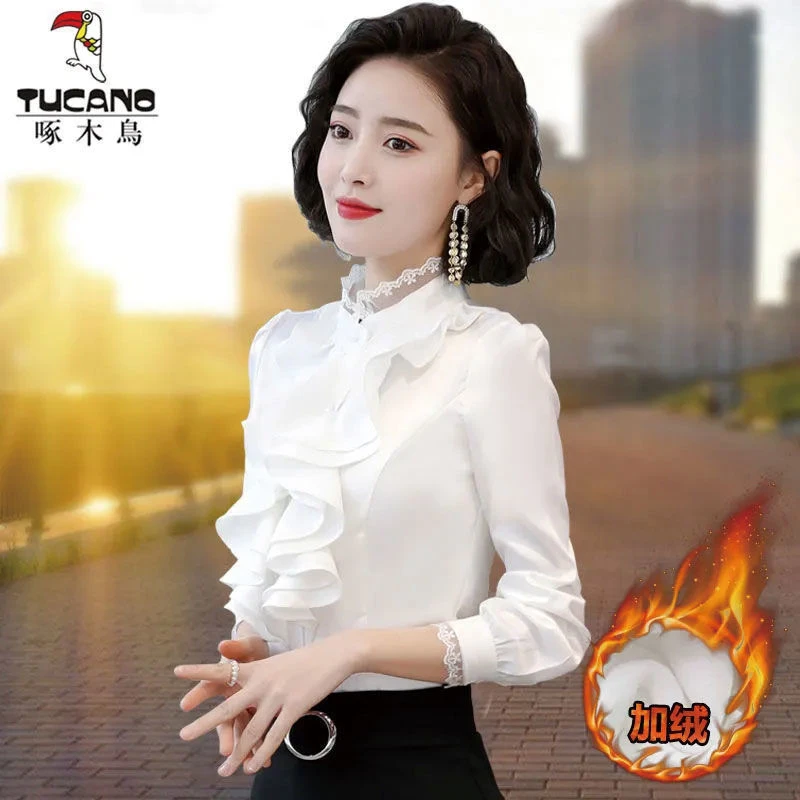 【官方品牌】啄木鳥雪纺衬衫女秋冬装2025年新款加绒衬衣长袖上衣