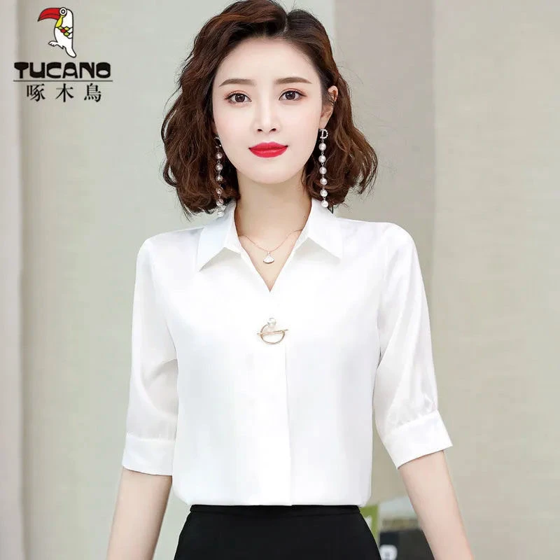【官方品牌】啄木鳥白色时尚雪纺洋气女装春秋2025年百搭显瘦夏季女