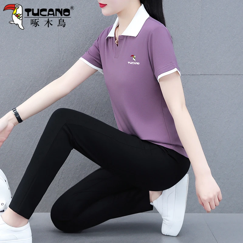 【官方品牌】啄木鳥polo领运动服显瘦女士韩版2024年翻领短袖两件套