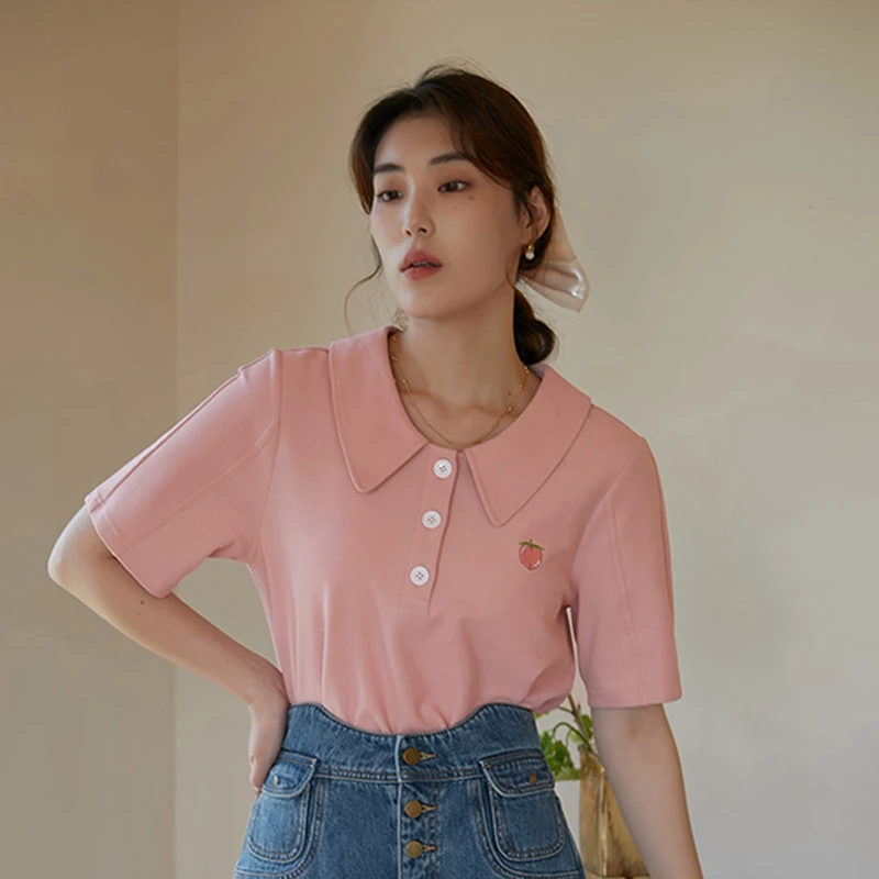独束微胖大码女百搭甜美休闲刺绣polo领T恤显瘦正肩上衣22DY2923