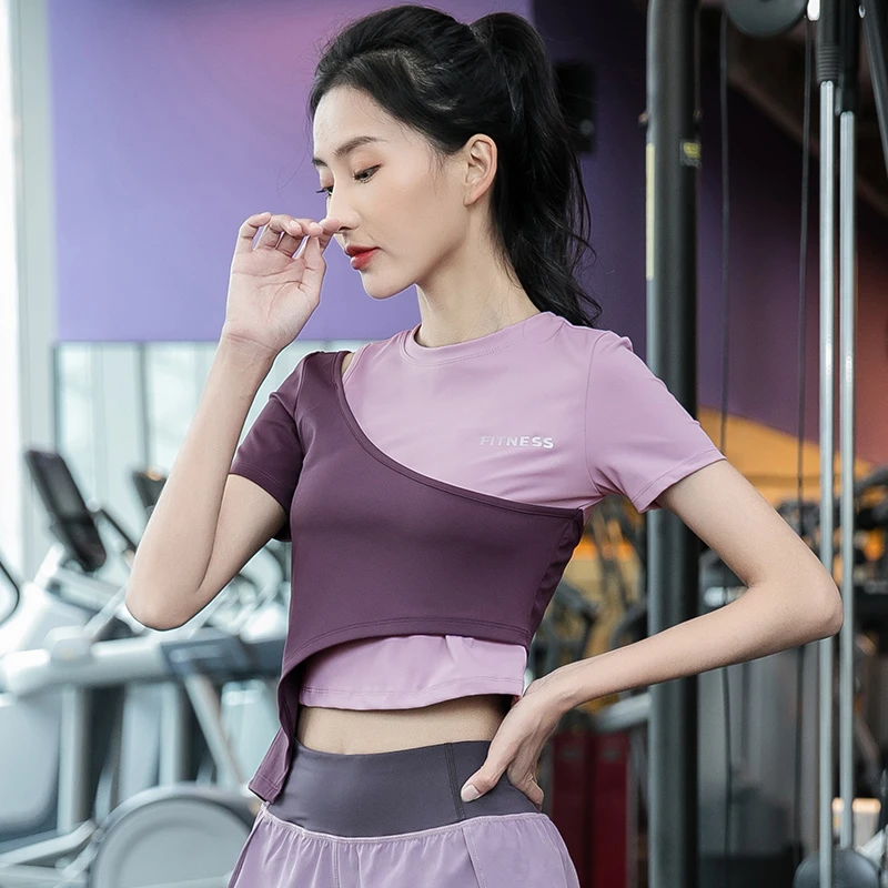 健身衣女夏季薄款短袖运动上衣撞色拼接短款瑜伽服户外速干跑步服