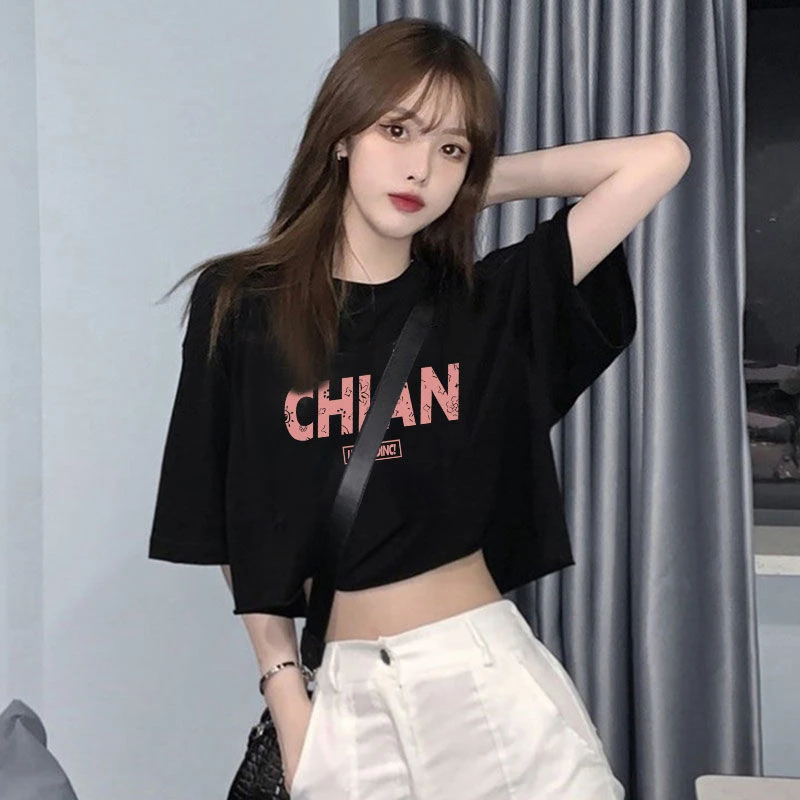 夏季辣妹短款短袖上衣女显瘦圆领印花韩版露脐个性甜辣风黑色T恤