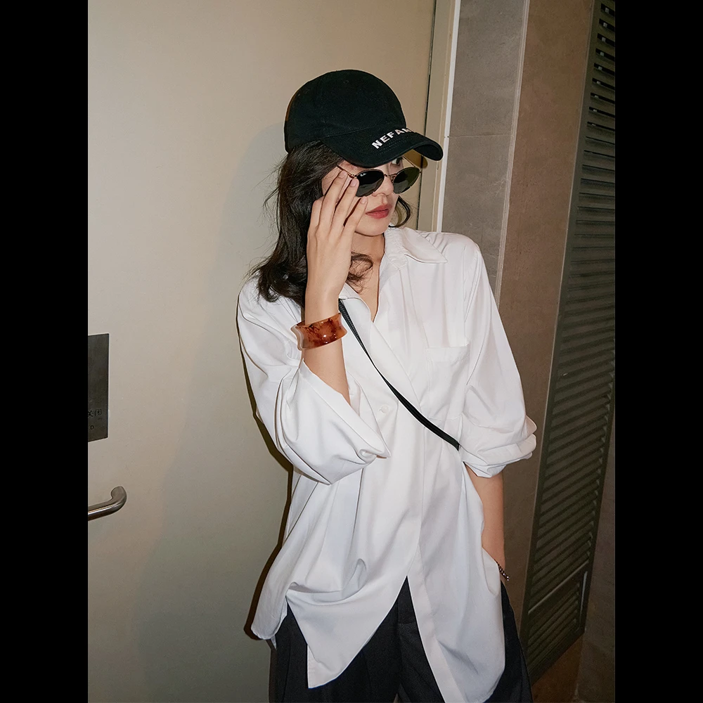 【现货】美洋MEIYANG男友白衬衫 不对称领长袖长款衬衣设计感显瘦