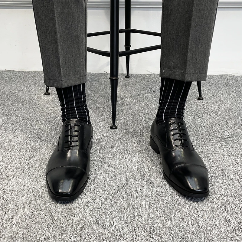 英伦风隐形内增高三接头皮鞋男士手工牛津鞋商务正装真皮黑色尖头