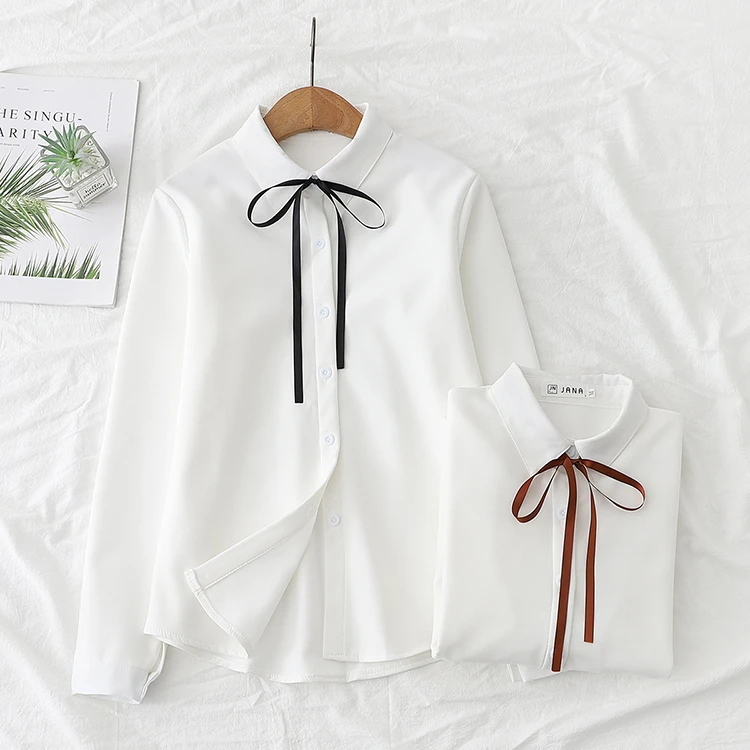 秋冬新品长袖加绒加厚内搭白色衬衫女小清新蝴蝶结系带上衣学院风