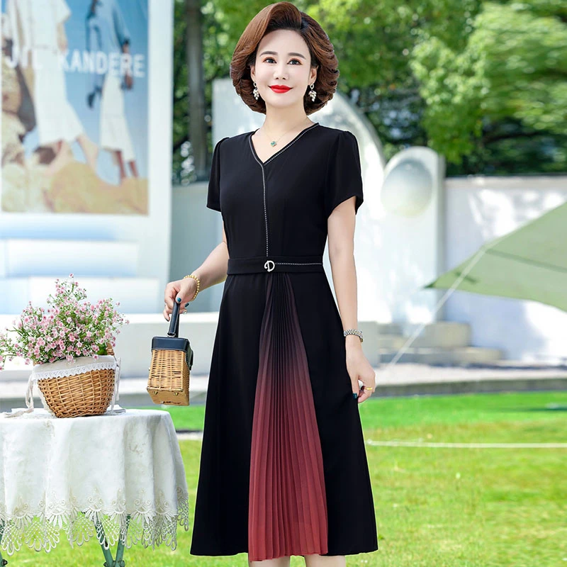 精品妈妈新款气质连衣裙中年女夏装洋气时尚中老年雪纺减龄长裙子