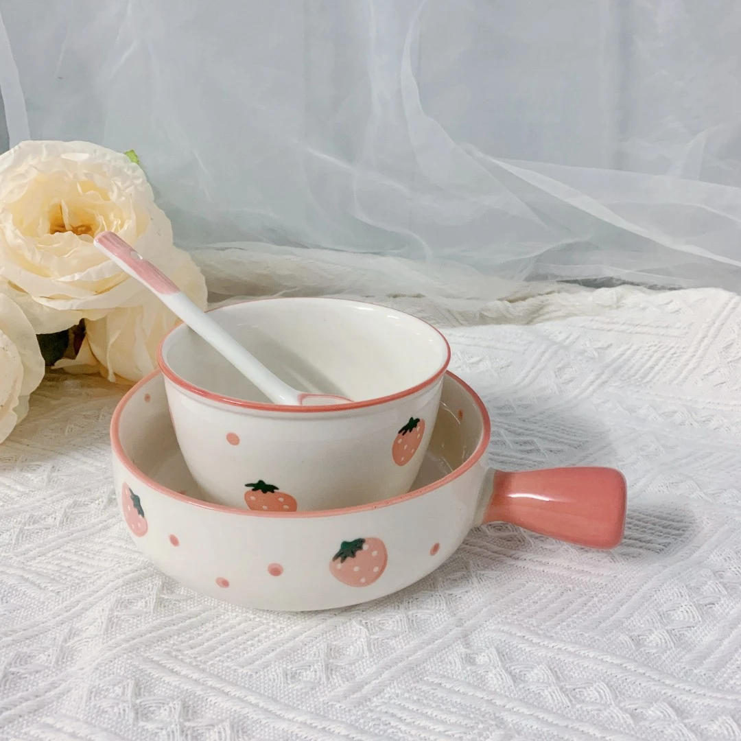 波点草莓手把碗&米饭碗&勺子  可爱高温釉下彩家用陶瓷少女心餐碗