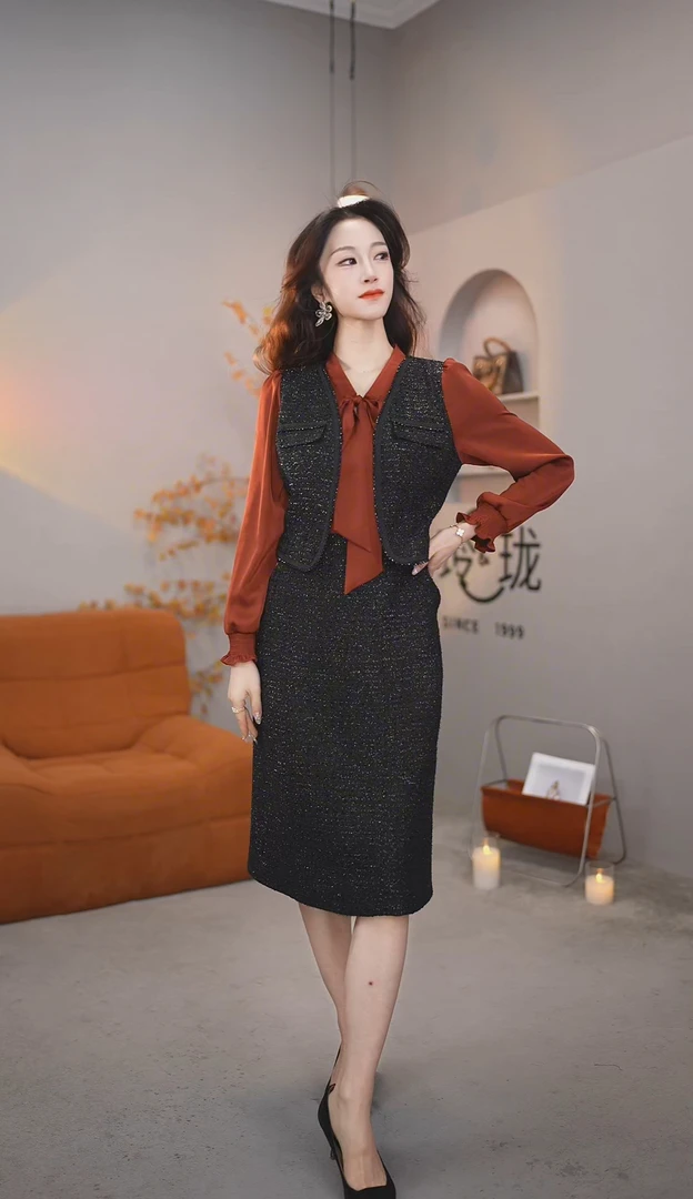 秋冬气质时尚复古收腰法式长袖连衣裙-Z24-8867