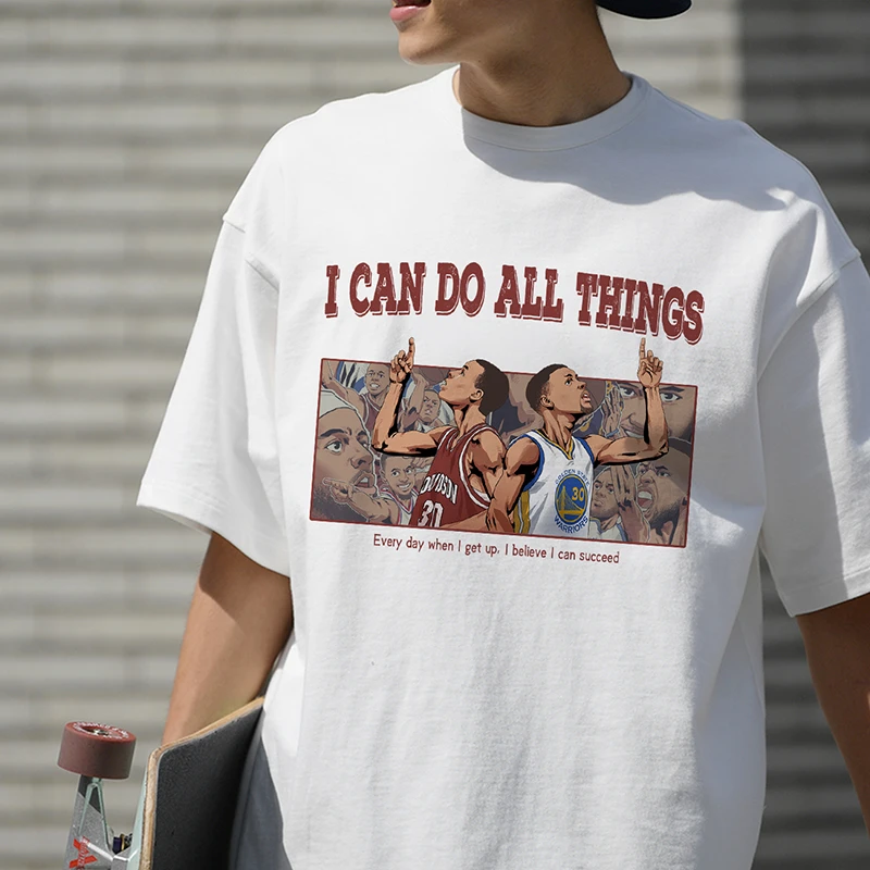 阿叽阿咗手绘球星圆领纯棉短袖T恤 美式复古街头嘻哈重磅宽松球衣