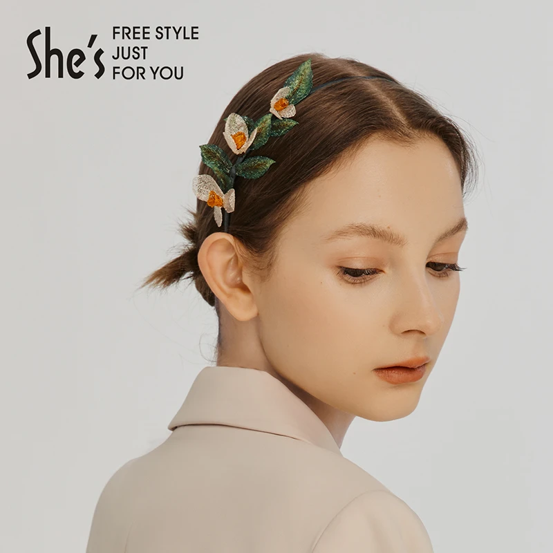 【福利款】shes梵高玫瑰手工叠花刺绣叶片浪漫清新时尚细发箍