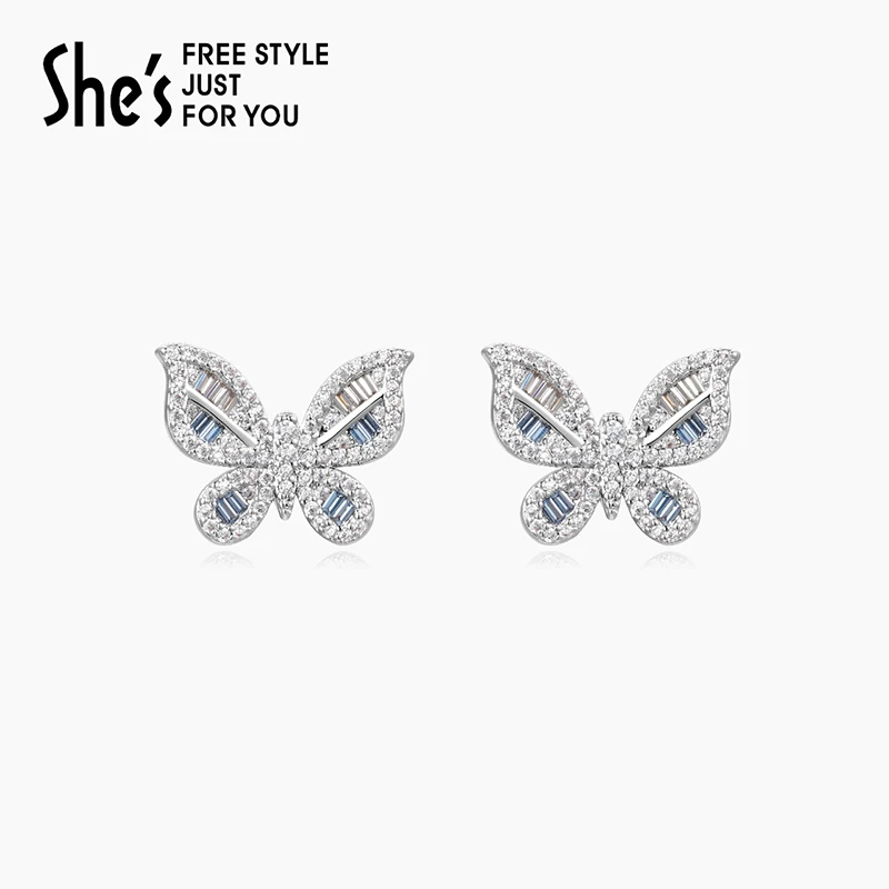铜合金合成锆石耳饰 shes晶莹璀璨原创迷你蝴蝶925银耳针耳钉