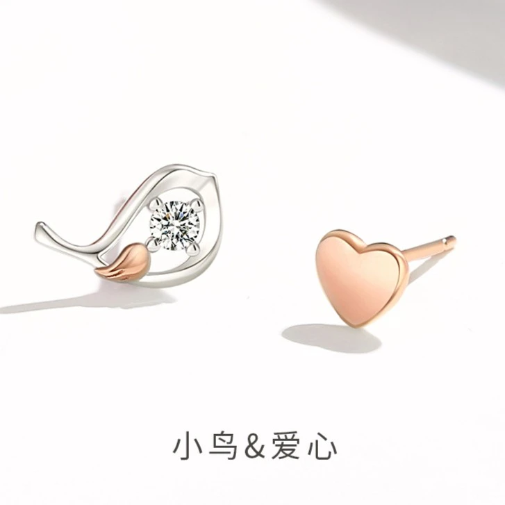 925银合成锆石耳饰 小鸟耳钉女小众设计不规则耳环纯银时尚可爱风