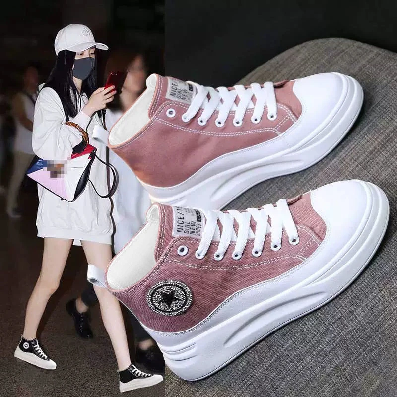 中大女童帆布鞋高帮 新款百搭韩版板鞋 春季小白鞋学生透气秋季