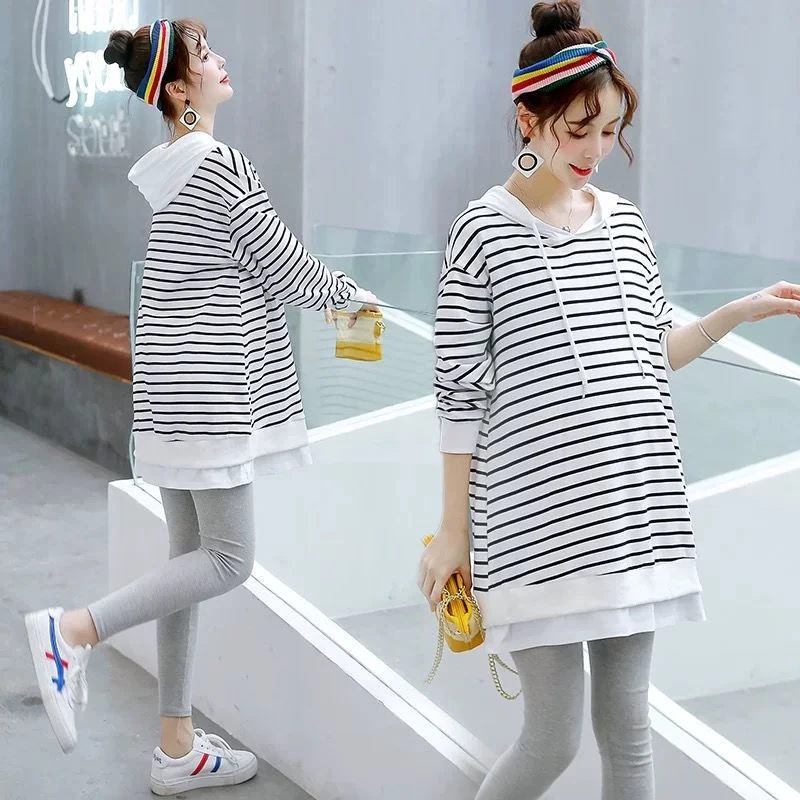 孕妇装 春秋款套装百搭条纹长袖宽松上衣中长款打底秋季洋气时尚