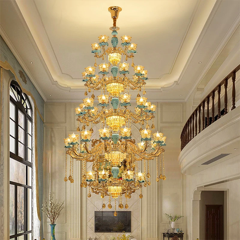 复式楼别墅客厅大吊灯中空大厅楼梯酒店跃层楼中楼新款欧式水晶灯