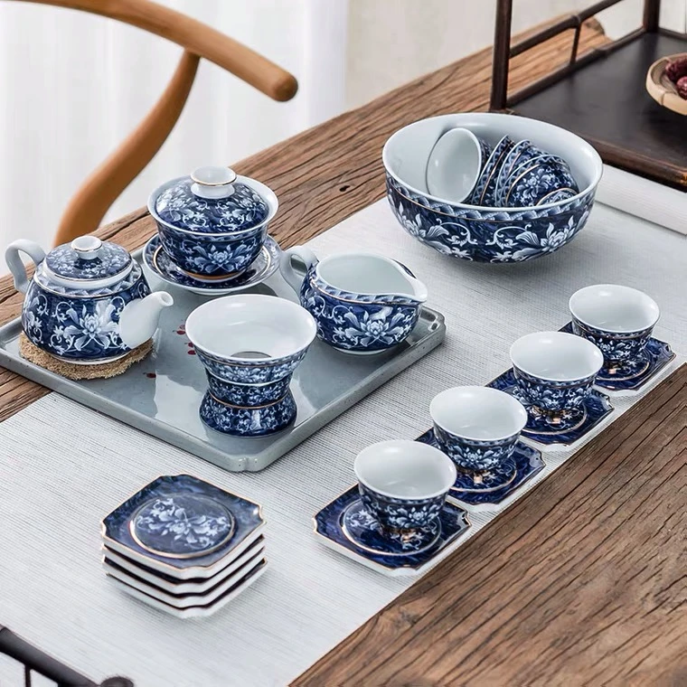 景德镇陶瓷青花茶具防烫三才盖碗茶壶简约家用中式高档茶具全套装