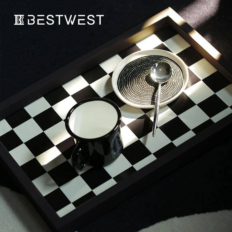 BEST WESST棋盘格托盘黑白轻奢高档香薰茶杯收纳客厅桌面装饰摆件