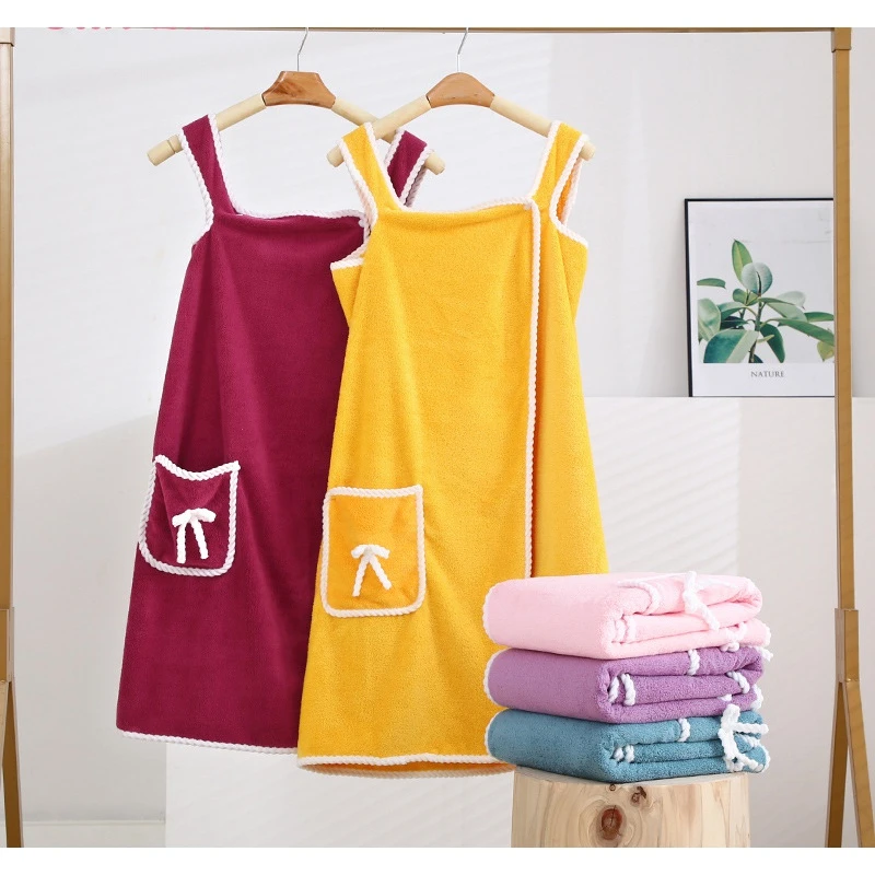 吊带浴裙女珊瑚绒可穿戴浴巾成人款加厚柔软抹胸美容院家用浴裙