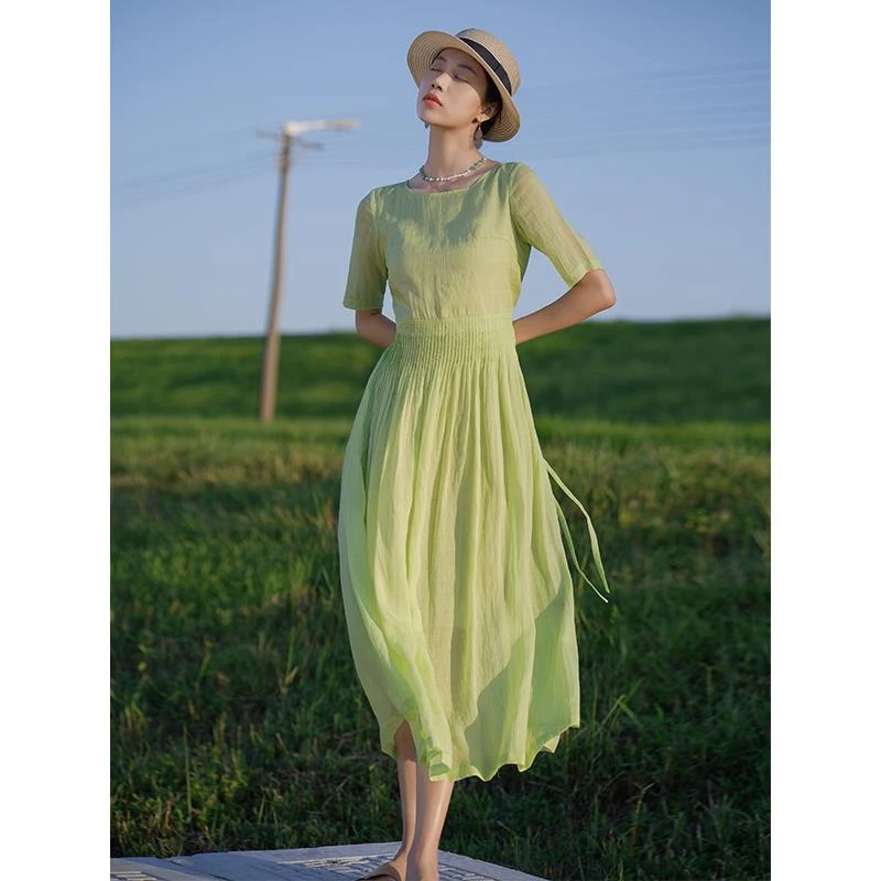 艺在YX505纯苎麻小众连衣裙小清新新款文艺范高端气质绿色长裙