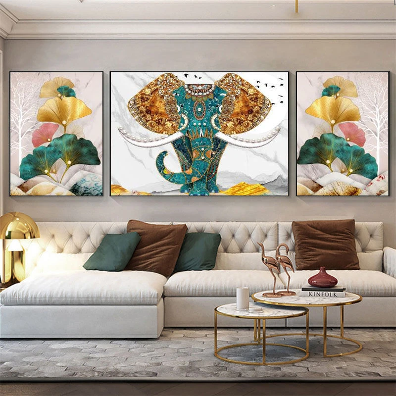 【大象客厅三联画】顺丰发货送货到家沙发背景客厅三联晶瓷镶钻画