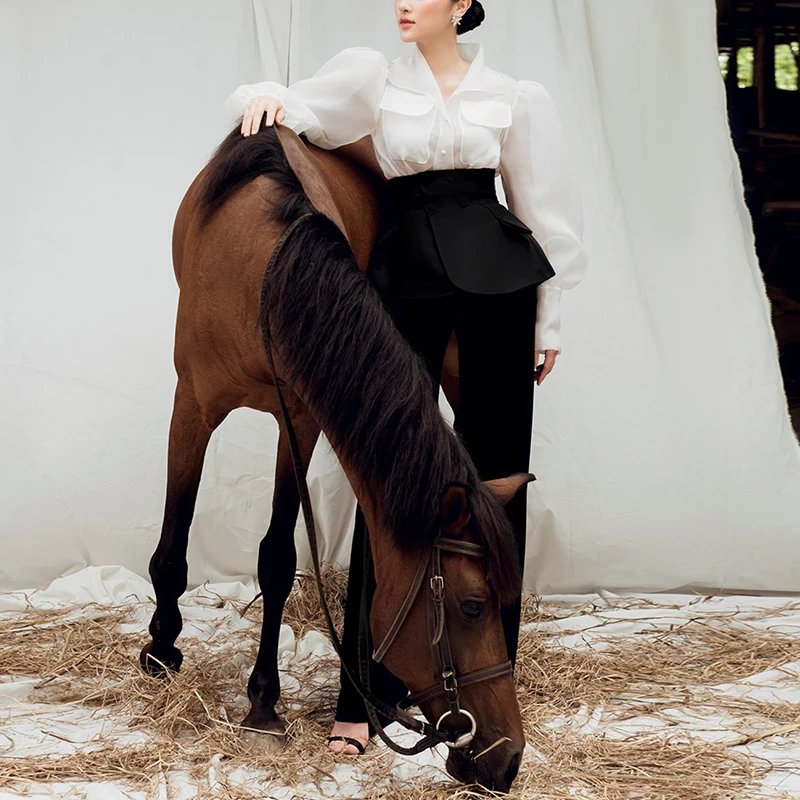 茬客优雅灯笼袖白色上衣黑色阔腿长裤MM171810AB