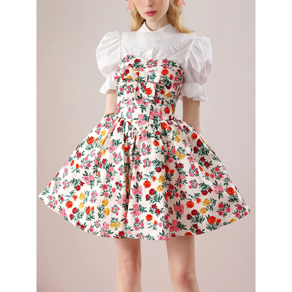 茬客碎花连衣裙女夏季清新减龄少女感收腰一字肩印花裙子MM21097