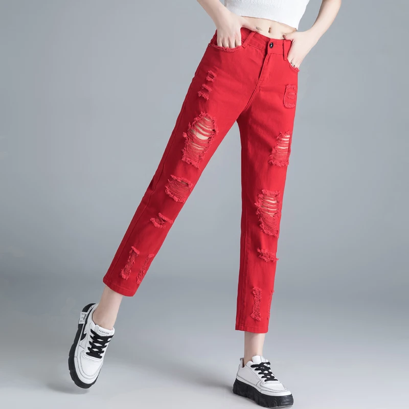 红色破洞牛仔裤女款2025秋季新款高腰显瘦小个子窄版小脚哈伦裤子