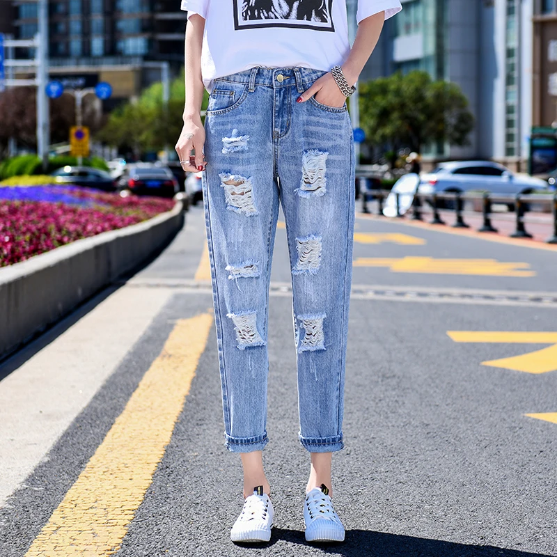 蓝色破洞牛仔裤女款爆款2025秋季新款高腰显瘦小个子九分老爹裤子