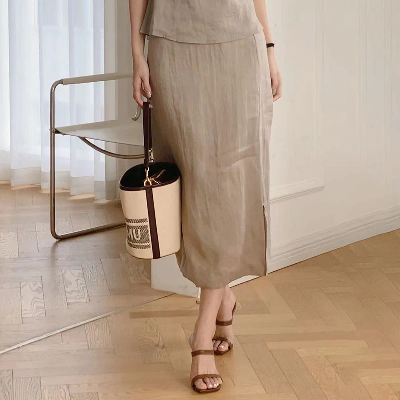 52BQ172文艺高端亚麻半裙新款简约高腰纯色A字型半身裙女气质长裙