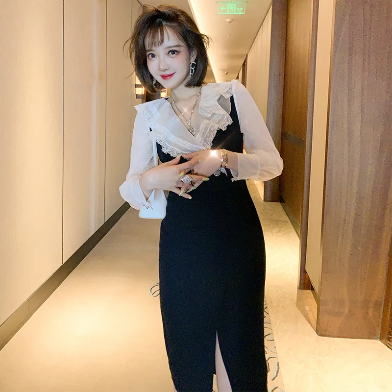 【现货】 MIUCO女人味蕾丝荷叶边V领修身收腰开叉法式连衣裙