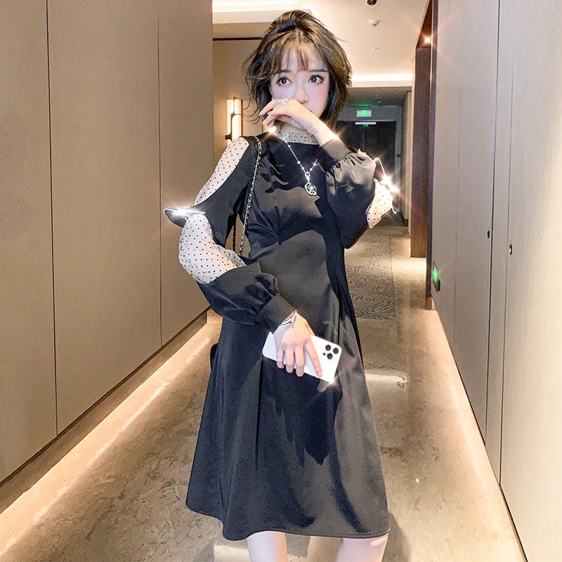 MIUCO法式镶钻蝴蝶结波点网纱拼接收腰显瘦连衣裙女装春D0043