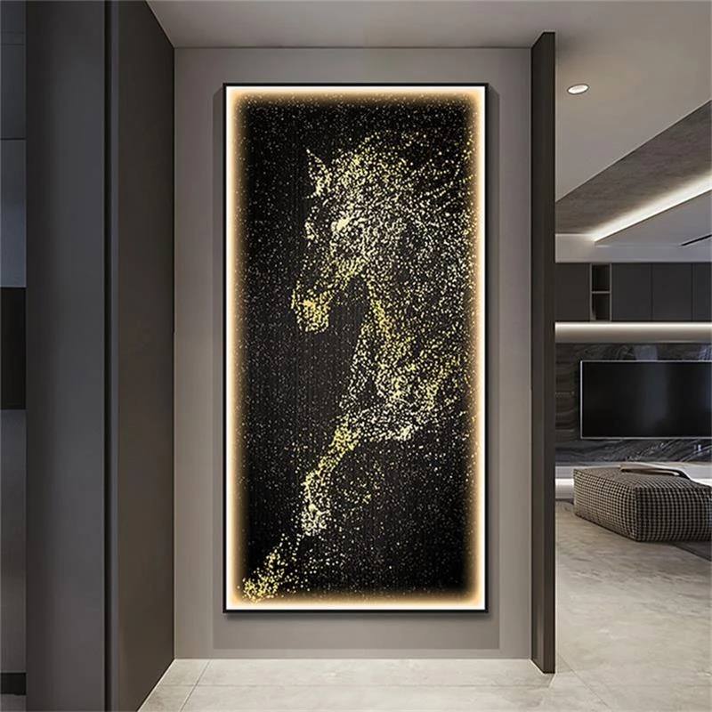 入户玄关马装饰画led发光灯画现代轻奢客厅走廊过道墙壁挂画玄幻