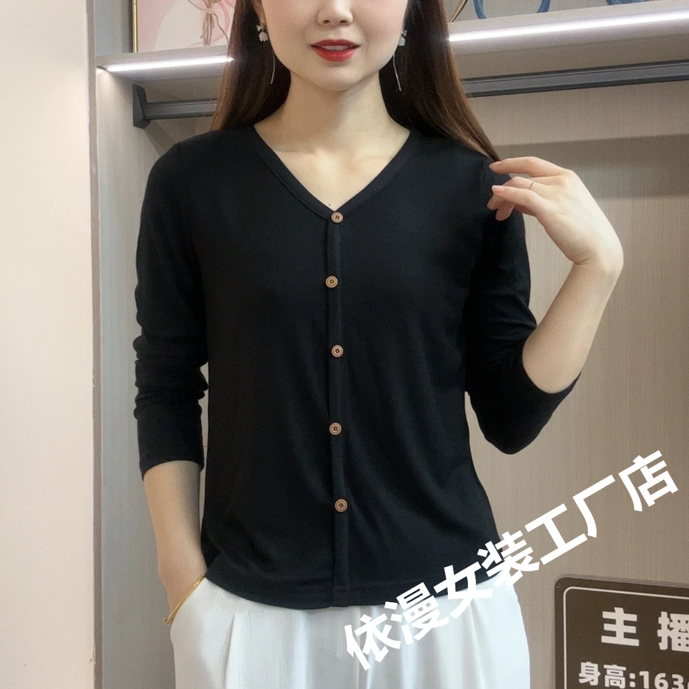 秋季新款长袖v领显瘦T恤薄款纯黑色弹力棉春秋上衣休闲百搭遮肚肉